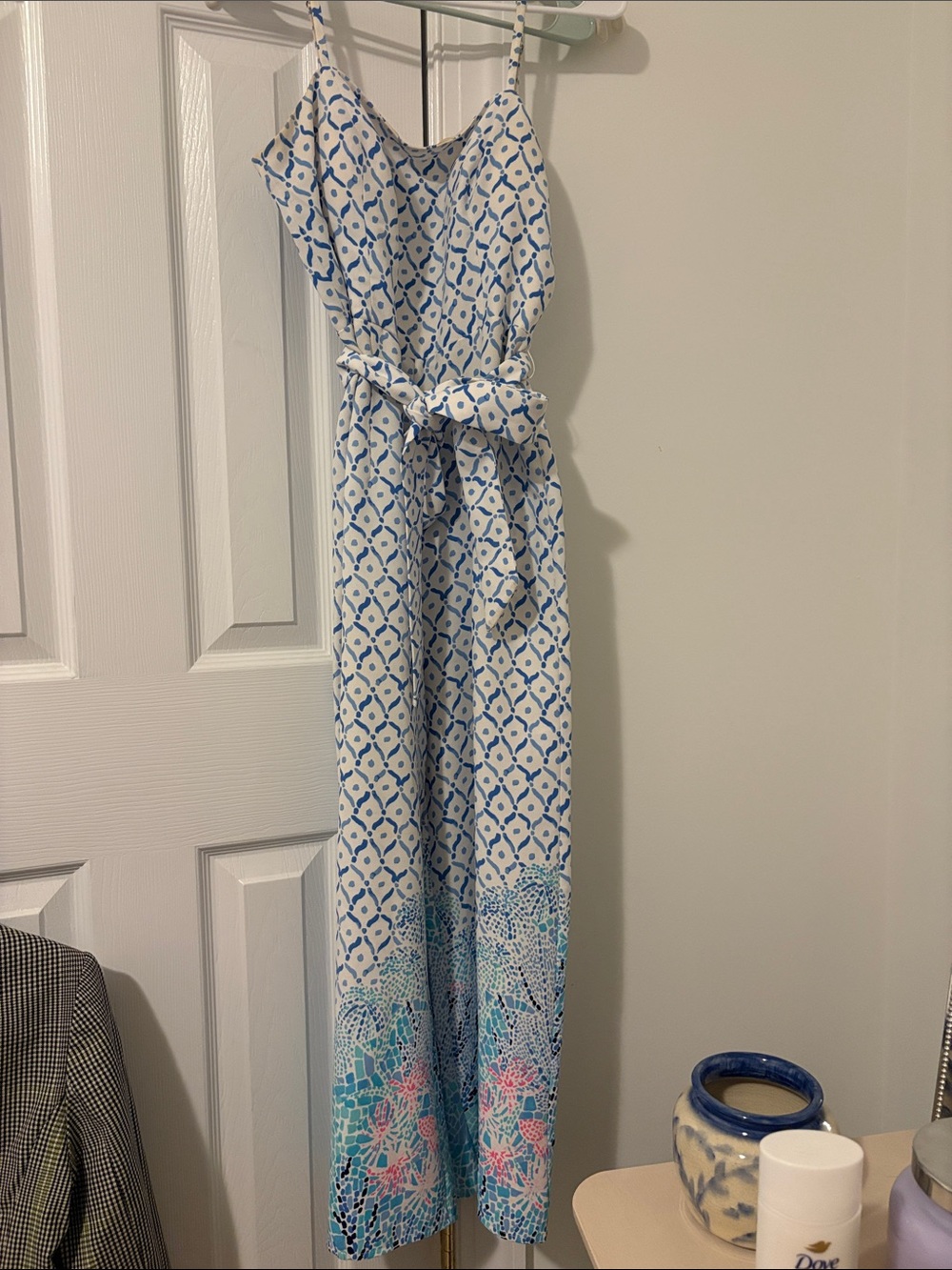 Lilly Pulitzer White and Blue Patterned Spaghetti-Strap Jumpsuit with Tie